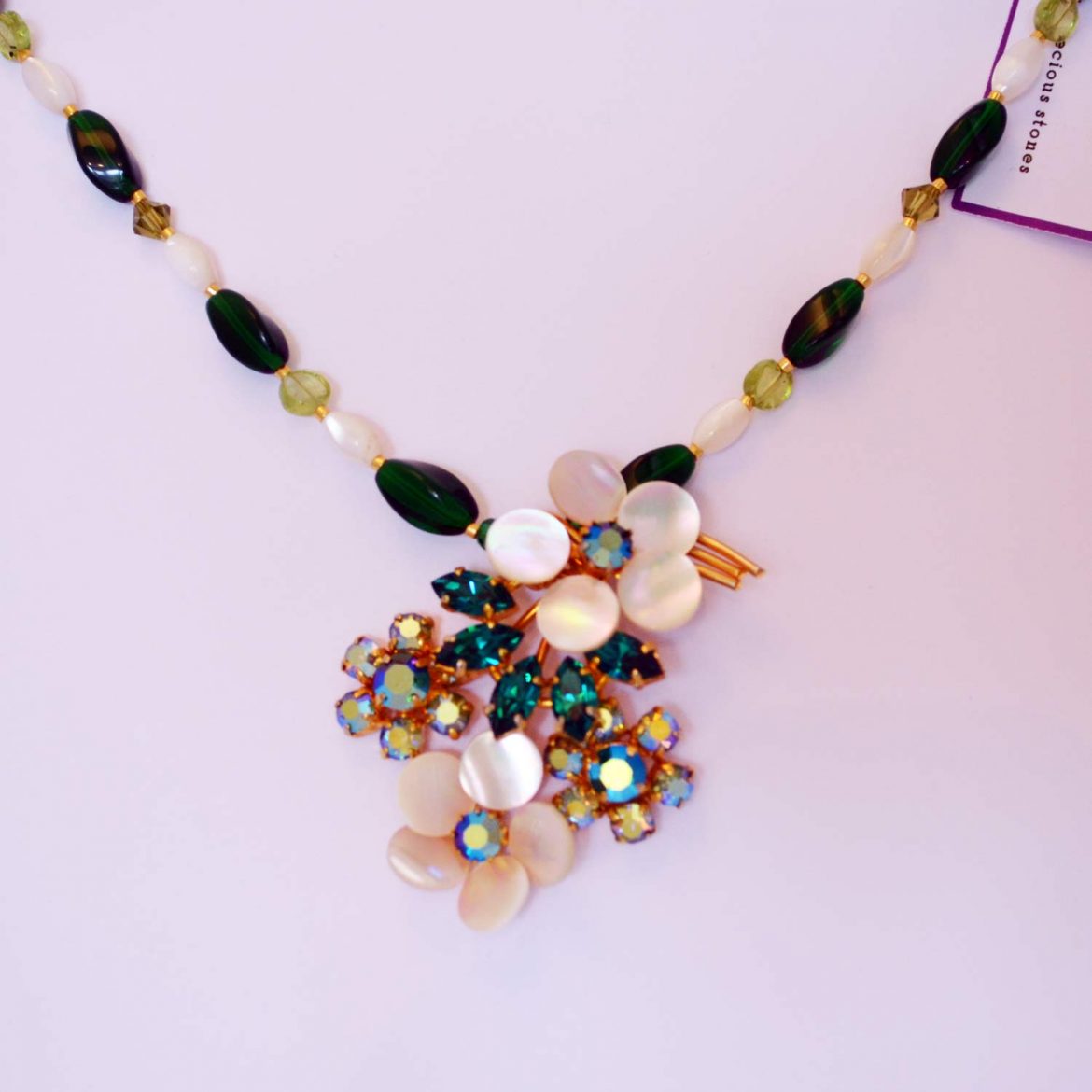 vintage floral statement necklace green mother of pearl